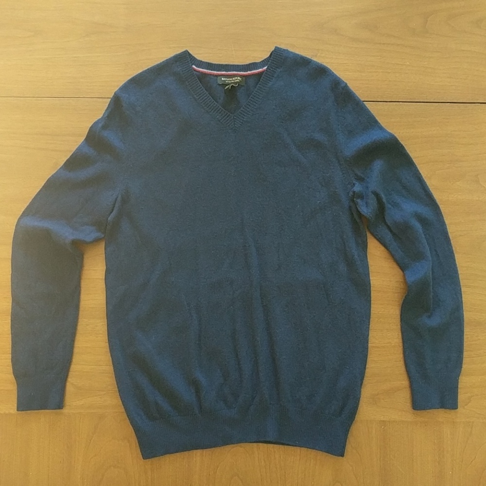 Merino Wool V Neck Sweater - Large - Blue BR